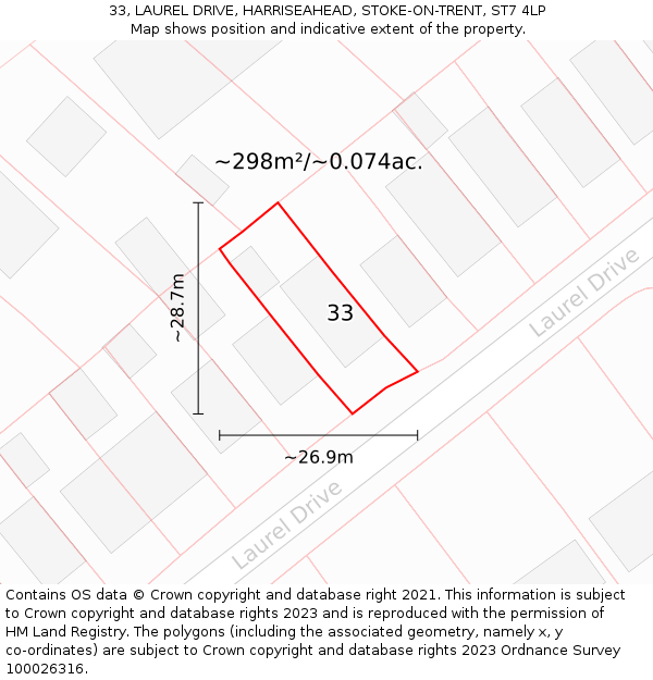 33, LAUREL DRIVE, HARRISEAHEAD, STOKE-ON-TRENT, ST7 4LP: Plot and title map