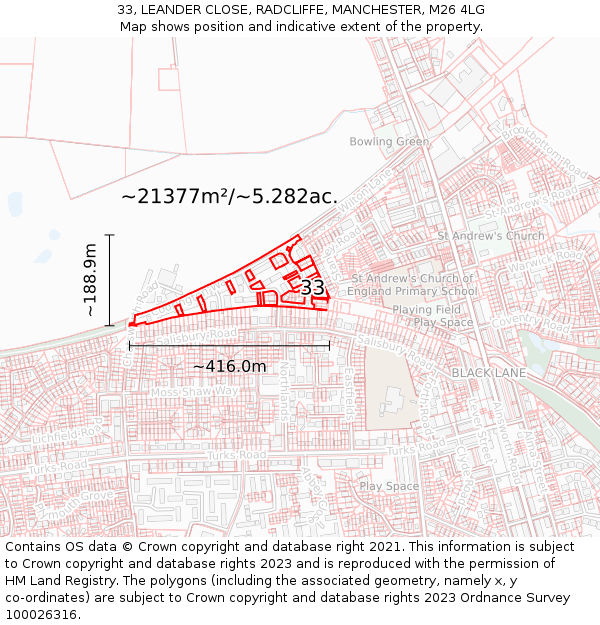 33, LEANDER CLOSE, RADCLIFFE, MANCHESTER, M26 4LG: Plot and title map