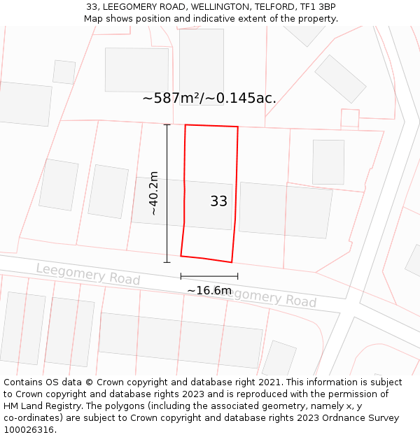 33, LEEGOMERY ROAD, WELLINGTON, TELFORD, TF1 3BP: Plot and title map