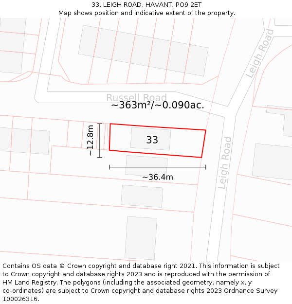33, LEIGH ROAD, HAVANT, PO9 2ET: Plot and title map