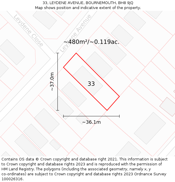 33, LEYDENE AVENUE, BOURNEMOUTH, BH8 9JQ: Plot and title map