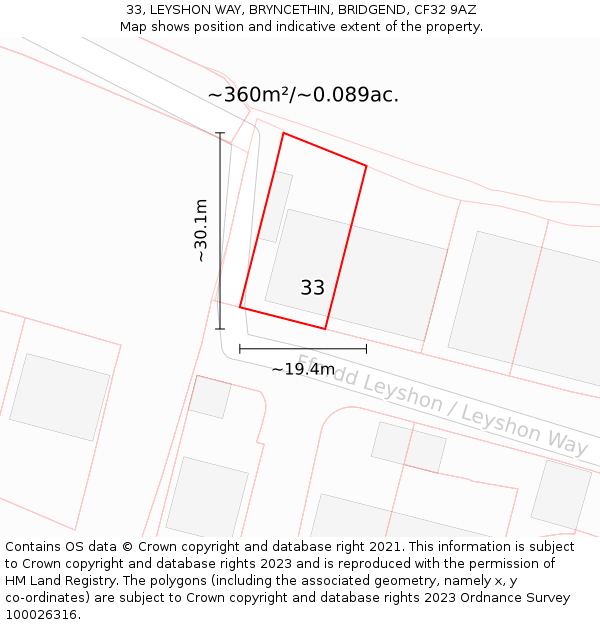 33, LEYSHON WAY, BRYNCETHIN, BRIDGEND, CF32 9AZ: Plot and title map
