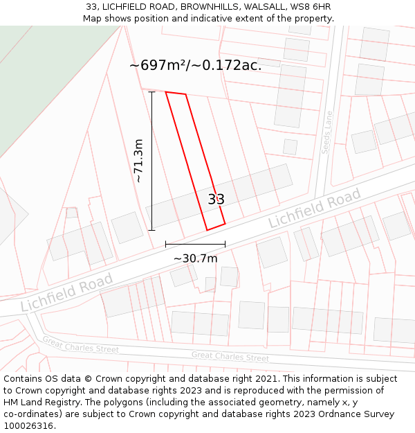 33, LICHFIELD ROAD, BROWNHILLS, WALSALL, WS8 6HR: Plot and title map