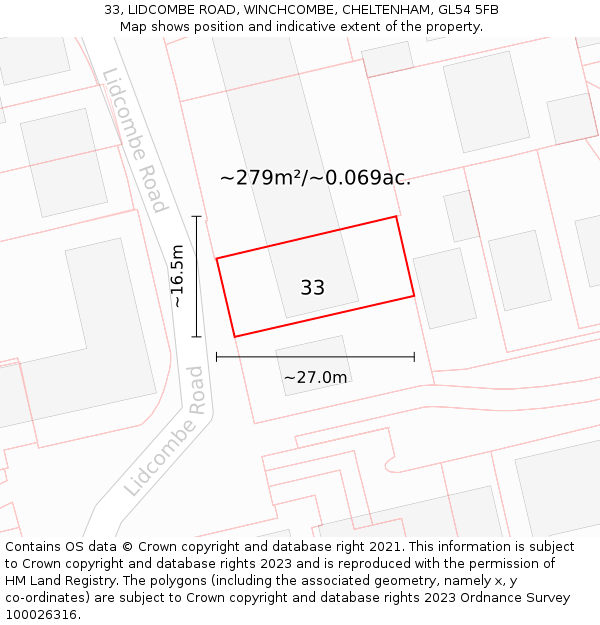33, LIDCOMBE ROAD, WINCHCOMBE, CHELTENHAM, GL54 5FB: Plot and title map