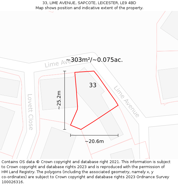 33, LIME AVENUE, SAPCOTE, LEICESTER, LE9 4BD: Plot and title map