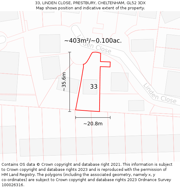 33, LINDEN CLOSE, PRESTBURY, CHELTENHAM, GL52 3DX: Plot and title map