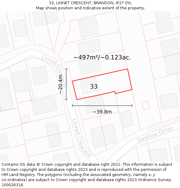 33, LINNET CRESCENT, BRANDON, IP27 0YL: Plot and title map