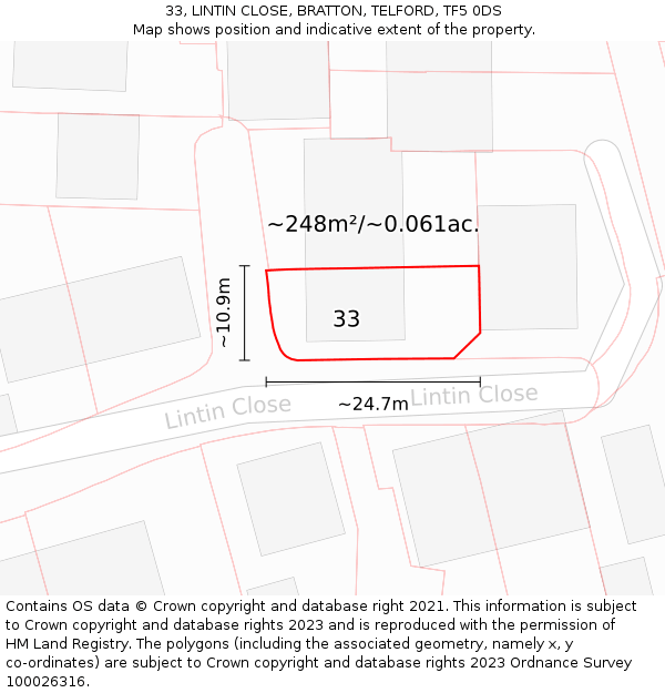 33, LINTIN CLOSE, BRATTON, TELFORD, TF5 0DS: Plot and title map