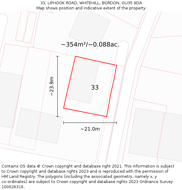 33, LIPHOOK ROAD, WHITEHILL, BORDON, GU35 9DA: Plot and title map