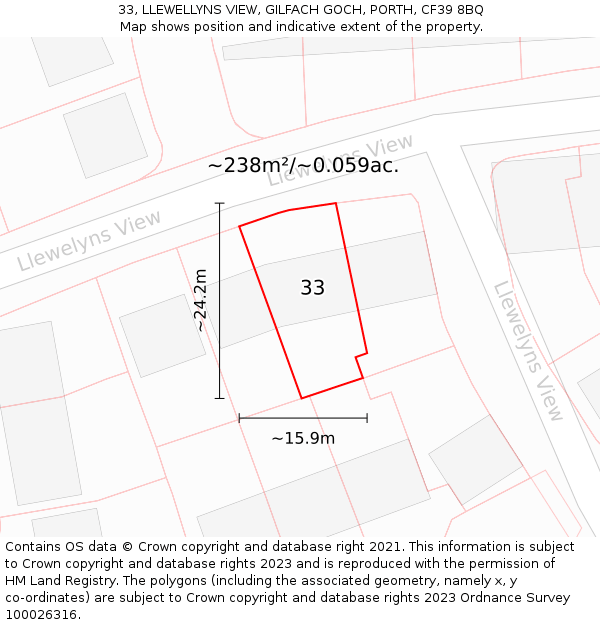 33, LLEWELLYNS VIEW, GILFACH GOCH, PORTH, CF39 8BQ: Plot and title map