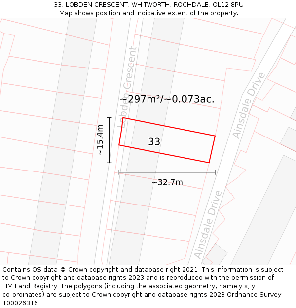 33, LOBDEN CRESCENT, WHITWORTH, ROCHDALE, OL12 8PU: Plot and title map