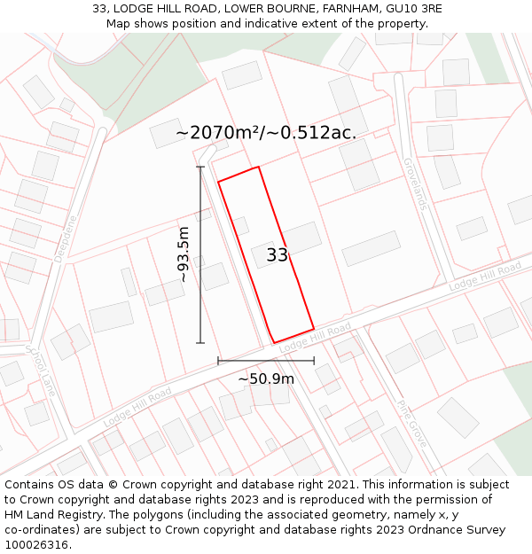 33, LODGE HILL ROAD, LOWER BOURNE, FARNHAM, GU10 3RE: Plot and title map