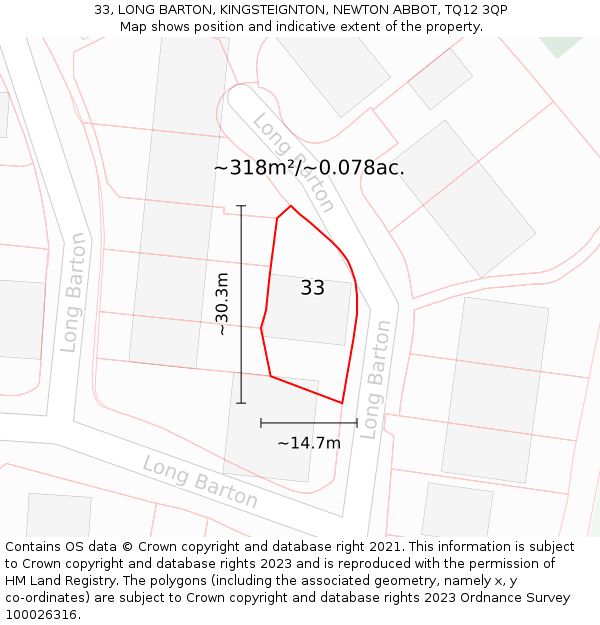 33, LONG BARTON, KINGSTEIGNTON, NEWTON ABBOT, TQ12 3QP: Plot and title map