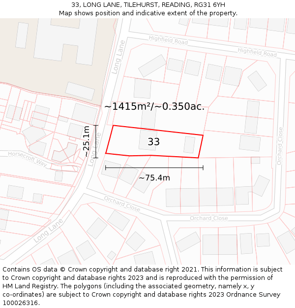 33, LONG LANE, TILEHURST, READING, RG31 6YH: Plot and title map