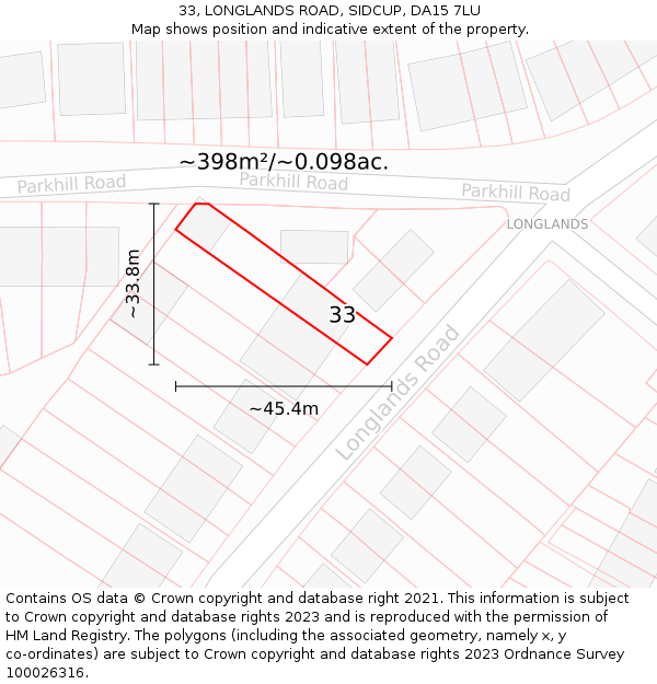 33, LONGLANDS ROAD, SIDCUP, DA15 7LU: Plot and title map