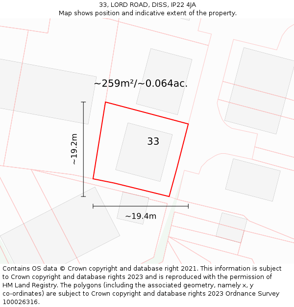 33, LORD ROAD, DISS, IP22 4JA: Plot and title map
