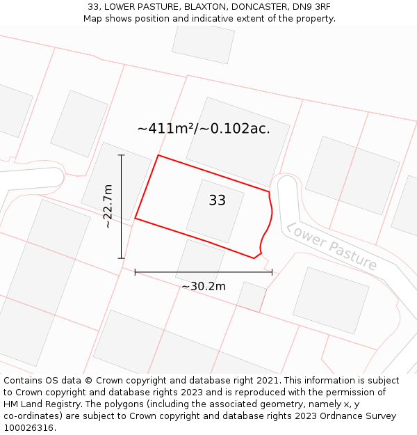 33, LOWER PASTURE, BLAXTON, DONCASTER, DN9 3RF: Plot and title map