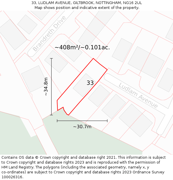33, LUDLAM AVENUE, GILTBROOK, NOTTINGHAM, NG16 2UL: Plot and title map