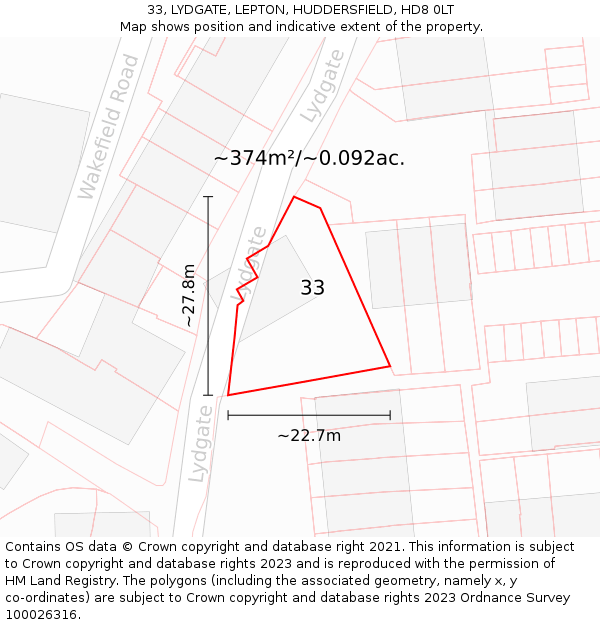 33, LYDGATE, LEPTON, HUDDERSFIELD, HD8 0LT: Plot and title map