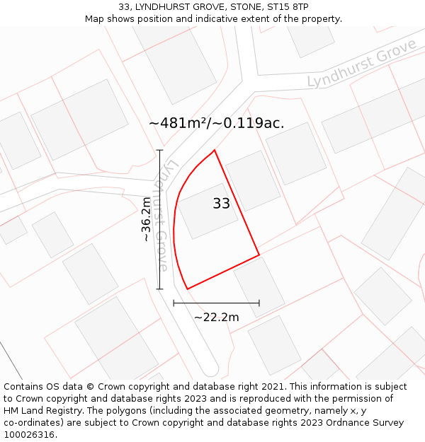 33, LYNDHURST GROVE, STONE, ST15 8TP: Plot and title map