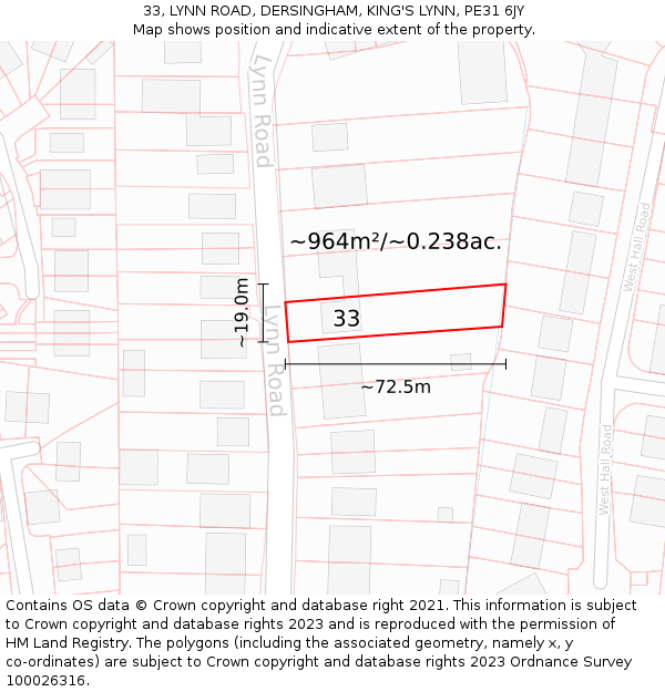 33, LYNN ROAD, DERSINGHAM, KING'S LYNN, PE31 6JY: Plot and title map