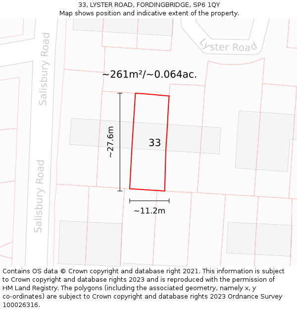 33, LYSTER ROAD, FORDINGBRIDGE, SP6 1QY: Plot and title map