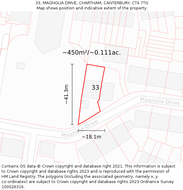 33, MAGNOLIA DRIVE, CHARTHAM, CANTERBURY, CT4 7TG: Plot and title map