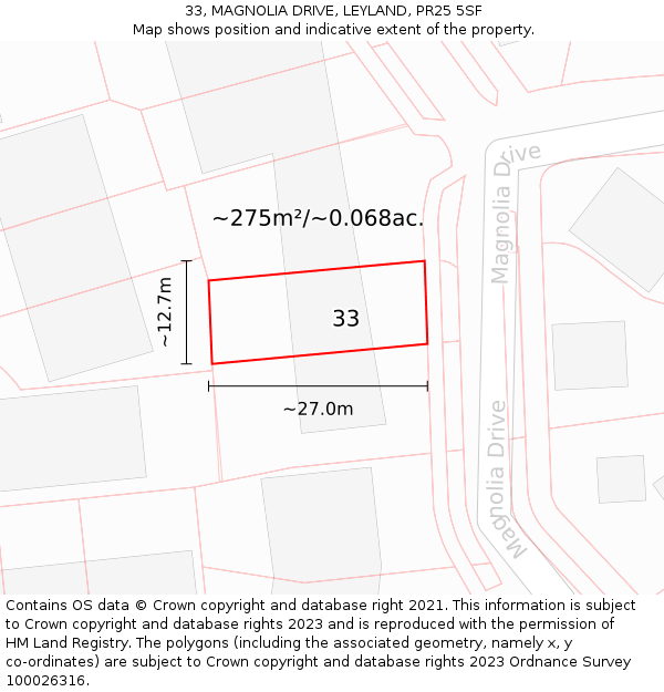 33, MAGNOLIA DRIVE, LEYLAND, PR25 5SF: Plot and title map