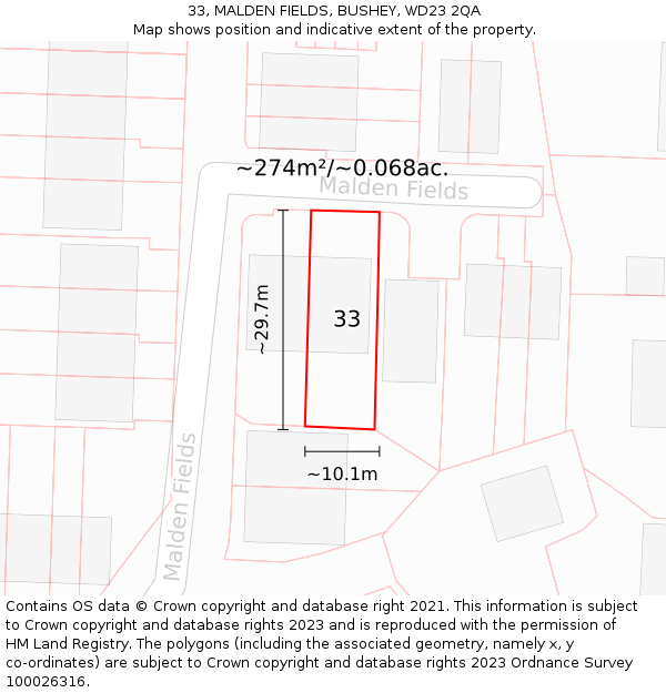 33, MALDEN FIELDS, BUSHEY, WD23 2QA: Plot and title map