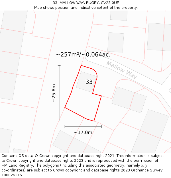 33, MALLOW WAY, RUGBY, CV23 0UE: Plot and title map