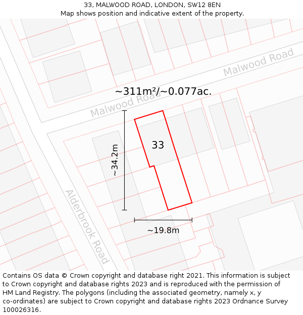33, MALWOOD ROAD, LONDON, SW12 8EN: Plot and title map