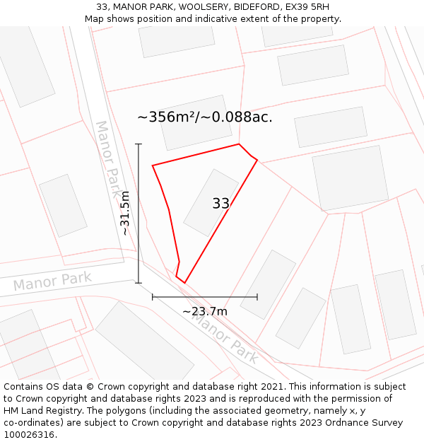 33, MANOR PARK, WOOLSERY, BIDEFORD, EX39 5RH: Plot and title map