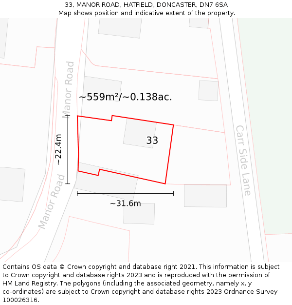 33, MANOR ROAD, HATFIELD, DONCASTER, DN7 6SA: Plot and title map