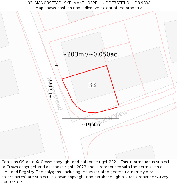 33, MANORSTEAD, SKELMANTHORPE, HUDDERSFIELD, HD8 9DW: Plot and title map