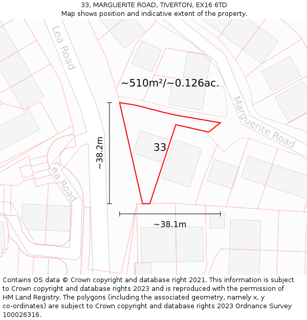 33, MARGUERITE ROAD, TIVERTON, EX16 6TD: Plot and title map