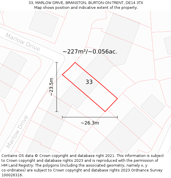 33, MARLOW DRIVE, BRANSTON, BURTON-ON-TRENT, DE14 3TX: Plot and title map