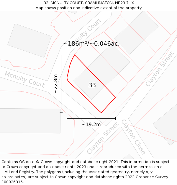 33, MCNULTY COURT, CRAMLINGTON, NE23 7HX: Plot and title map