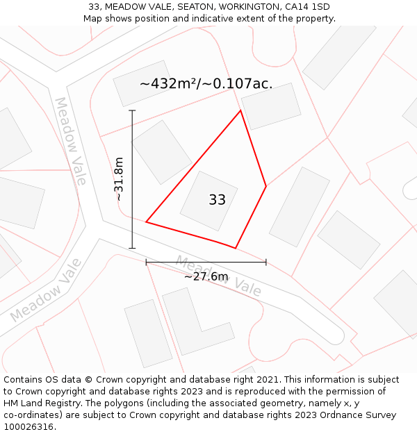 33, MEADOW VALE, SEATON, WORKINGTON, CA14 1SD: Plot and title map