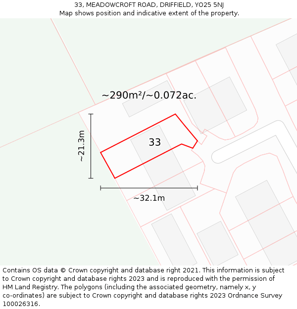 33, MEADOWCROFT ROAD, DRIFFIELD, YO25 5NJ: Plot and title map