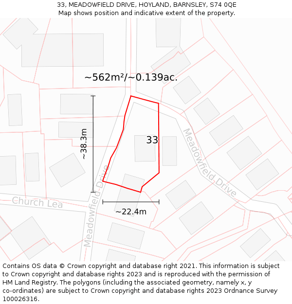 33, MEADOWFIELD DRIVE, HOYLAND, BARNSLEY, S74 0QE: Plot and title map