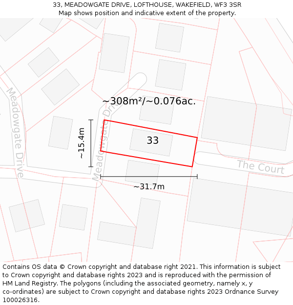 33, MEADOWGATE DRIVE, LOFTHOUSE, WAKEFIELD, WF3 3SR: Plot and title map