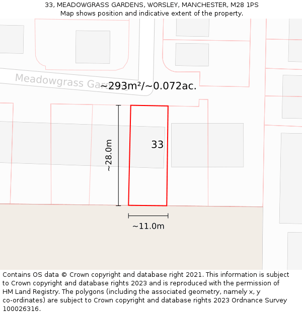 33, MEADOWGRASS GARDENS, WORSLEY, MANCHESTER, M28 1PS: Plot and title map