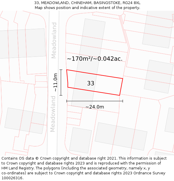33, MEADOWLAND, CHINEHAM, BASINGSTOKE, RG24 8XL: Plot and title map