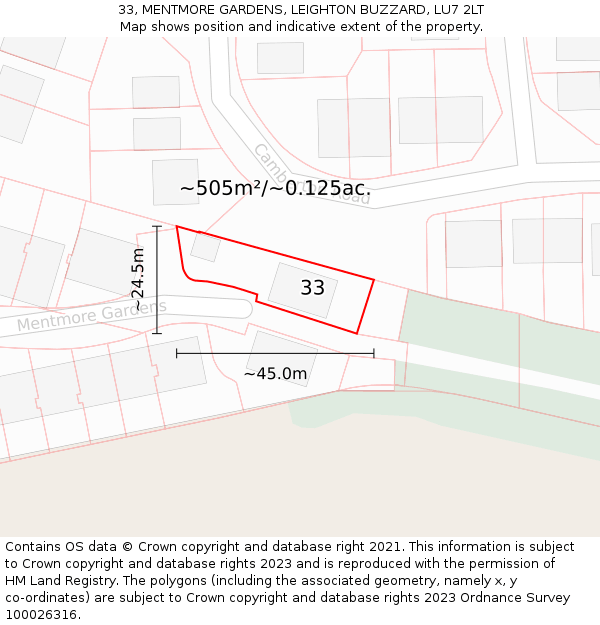 33, MENTMORE GARDENS, LEIGHTON BUZZARD, LU7 2LT: Plot and title map