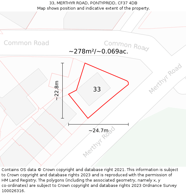 33, MERTHYR ROAD, PONTYPRIDD, CF37 4DB: Plot and title map