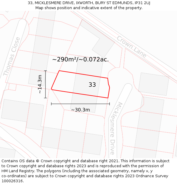 33, MICKLESMERE DRIVE, IXWORTH, BURY ST EDMUNDS, IP31 2UJ: Plot and title map