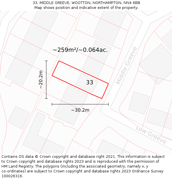 33, MIDDLE GREEVE, WOOTTON, NORTHAMPTON, NN4 6BB: Plot and title map