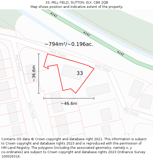 33, MILL FIELD, SUTTON, ELY, CB6 2QB: Plot and title map