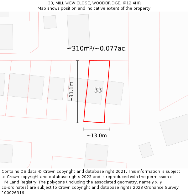 33, MILL VIEW CLOSE, WOODBRIDGE, IP12 4HR: Plot and title map