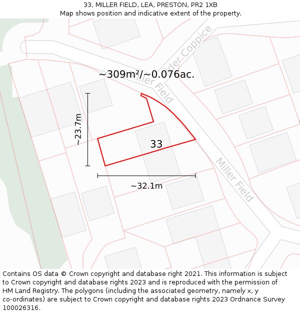 33, MILLER FIELD, LEA, PRESTON, PR2 1XB: Plot and title map